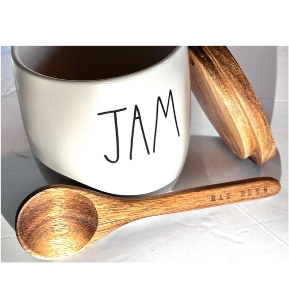 Sold: New RAE DUNN Artisan Collection "JAM" Cellar Jar Wood Lid & Spoon Magenta - Picture 4 of 8